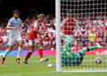Martin Odegaard of Arsenal scores his team's third goal during the 2026 FA Community Shield match between Arsenal and Manchester City at Principality Stadium on August 16, 2026 in Cardiff, Wales. (Photo by Carl Recine/Getty Images)