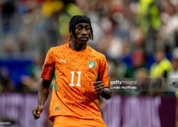 Yan Diomande of Ivory Coast during the 2026 World Cup match between Ivory Coast and Norway (Photo by Stefan Koops/EYE4IMAGES/NurPhoto via Getty Images)