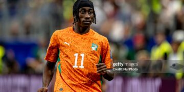 Yan Diomande of Ivory Coast during the 2026 World Cup match between Ivory Coast and Norway (Photo by Stefan Koops/EYE4IMAGES/NurPhoto via Getty Images)
