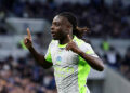 Jeremy Doku of Manchester City celebrates scoring his team's first goal during the Premier League match between Everton and Manchester City at Hill Dickinson Stadium on May 04, 2026 in Liverpool, England. (Photo by Stu Forster/Getty Images)