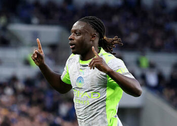 Jeremy Doku of Manchester City celebrates scoring his team's first goal during the Premier League match between Everton and Manchester City at Hill Dickinson Stadium on May 04, 2026 in Liverpool, England. (Photo by Stu Forster/Getty Images)