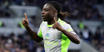 Jeremy Doku of Manchester City celebrates scoring his team's first goal during the Premier League match between Everton and Manchester City at Hill Dickinson Stadium on May 04, 2026 in Liverpool, England. (Photo by Stu Forster/Getty Images)