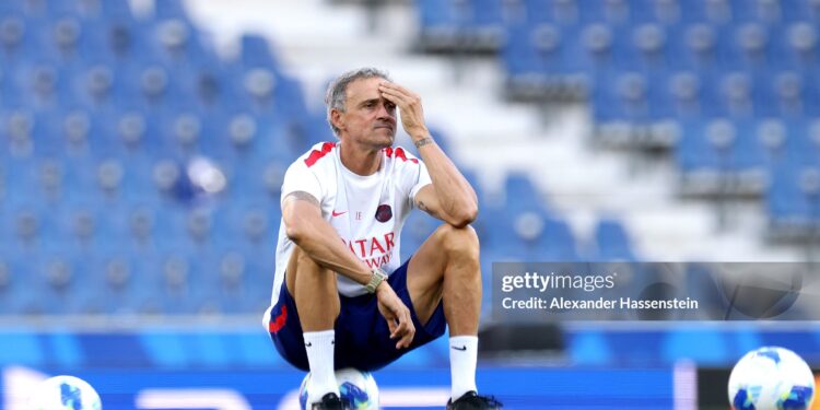 Luis Enrique, Head Coach of Paris Saint-Germain, reacts during a Paris Saint-Germain Training Session (Photo by Alexander Hassenstein/Getty Images)