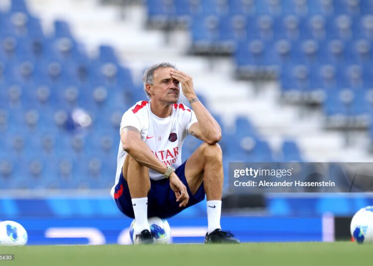 Luis Enrique, Head Coach of Paris Saint-Germain, reacts during a Paris Saint-Germain Training Session (Photo by Alexander Hassenstein/Getty Images)
