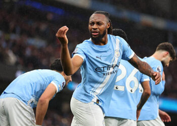 Antoine Semenyo of Manchester City celebrates scoring their first goal during the Premier League match between Manchester City and Crystal Palace at Etihad Stadium on May 13, 2026 in Manchester, England. (Photo by Marc Atkins/Getty Images)
