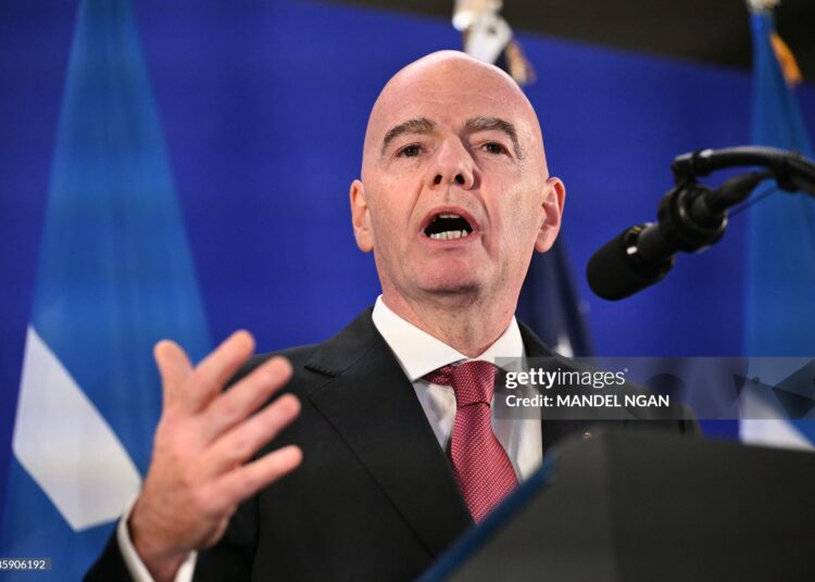 FIFA President Gianni Infantino speaks during a FIFA reception at Trump Tower in New York on July 17, 2026. President Trump will attend the 2026 World Cup Final between Spain and Argentina. (Photo by Mandel NGAN / AFP via Getty Images)