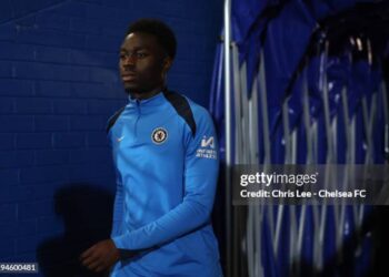 Genesis Antwi of Chelsea during the FA Youth Cup 4th Round match between Chelsea FC U18 and Merstham FC U18 at Kingsmeadow (Photo by Chris Lee - Chelsea FC/Chelsea FC via Getty Images)
