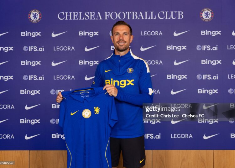 Chelsea's Jordan Henderson poses for photos at Chelsea (Photo by Chris Lee - Chelsea FC/Chelsea FC)