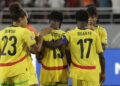 Ghana's midfielder #23 Josephine Afua Kyerewaa Bonsu and defender #17 Portia Boakye console their forward #13 Evelyn Badu after missing a shot in the penalty shootout at the end of their 2025 Women's Africa Cup of Nations semi-final football match against Morocco at Prince Moulay Abdellah Stadium in Rabat on July 22, 2025. (Photo by Abdel Majid BZIOUAT / AFP) (Photo by ABDEL MAJID BZIOUAT/AFP via Getty Images)