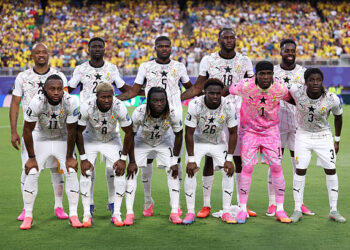 KANSAS CITY, MISSOURI - JULY 03: Ghana players pose for a team photograph before the FIFA World Cup 2026 Round of 32 match between Colombia and Ghana at Kansas City Stadium on July 03, 2026 in Kansas City, Missouri. (Photo by Luke Hales/Getty Images)