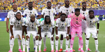 KANSAS CITY, MISSOURI - JULY 03: Ghana players pose for a team photograph before the FIFA World Cup 2026 Round of 32 match between Colombia and Ghana at Kansas City Stadium on July 03, 2026 in Kansas City, Missouri. (Photo by Luke Hales/Getty Images)