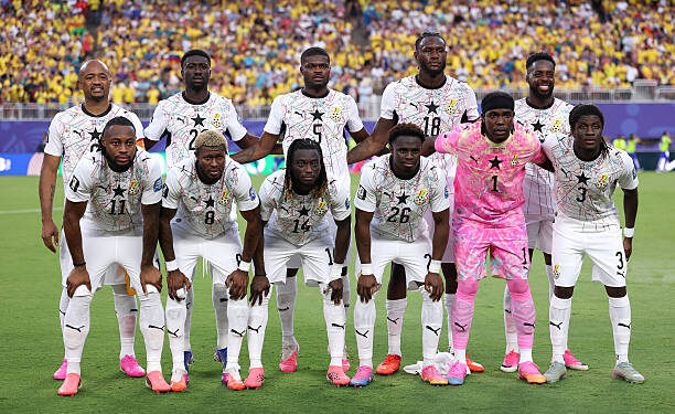 KANSAS CITY, MISSOURI - JULY 03: Ghana players pose for a team photograph before the FIFA World Cup 2026 Round of 32 match between Colombia and Ghana at Kansas City Stadium on July 03, 2026 in Kansas City, Missouri. (Photo by Luke Hales/Getty Images)