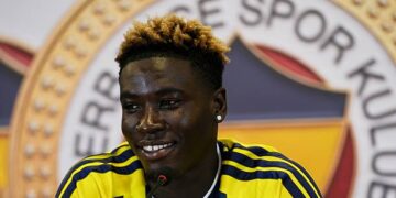 ISTANBUL, TURKIYE - AUGUST 29: Fenerbahce's new signing Kojo Peprah Oppong speaks during a signing ceremony at Chobani Stadium in Istanbul, Turkiye, on August 29, 2026. (Photo by Muhammed Ali Yigit/Anadolu via Getty Images)