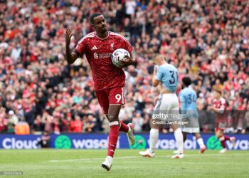 Alexander Isak of Liverpool celebrates scoring his team’s first goal during the Premier League 2026/27 match between Liverpool FC and Nottingham Forest FC (Photo by Jan Kruger/Getty Images)