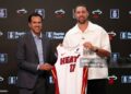 Head coach Erik Spoelstra and Klay Thompson #11 of the Miami pose for a photo during an introductory press conference (Photo by Megan Briggs/Getty Images)