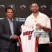 Head coach Erik Spoelstra and Klay Thompson #11 of the Miami pose for a photo during an introductory press conference (Photo by Megan Briggs/Getty Images)