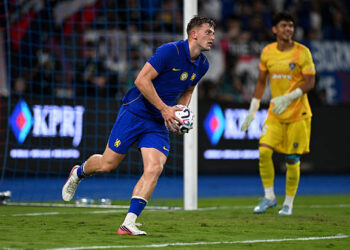 Liam Delap of Chelsea celebrates scoring his team's first goal during the Pre-Season Friendly match between Chelsea FC and Johor Darul Ta'zim F.C. at Sultan Ibrahim Stadium on August 09, 2026 in Jakarta, Indonesia. (Photo by Darren Walsh/Chelsea FC via Getty Images)