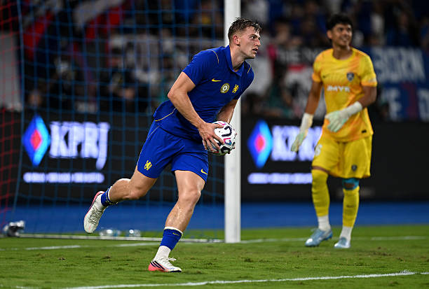 Liam Delap of Chelsea celebrates scoring his team's first goal during the Pre-Season Friendly match between Chelsea FC and Johor Darul Ta'zim F.C. at Sultan Ibrahim Stadium on August 09, 2026 in Jakarta, Indonesia. (Photo by Darren Walsh/Chelsea FC via Getty Images)