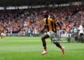 Semi Ajayi of Hull City celebrates scoring his team’s first goal during the Premier League 2026/27 match between Hull City and Manchester United (Photo by George Wood/Getty Images)