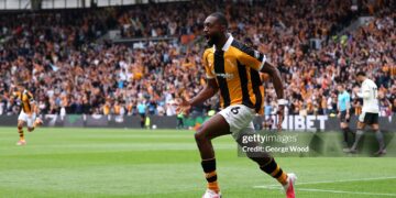 Semi Ajayi of Hull City celebrates scoring his team’s first goal during the Premier League 2026/27 match between Hull City and Manchester United (Photo by George Wood/Getty Images)