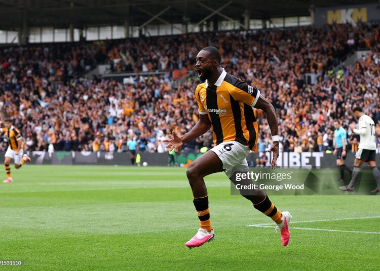 Semi Ajayi of Hull City celebrates scoring his team’s first goal during the Premier League 2026/27 match between Hull City and Manchester United (Photo by George Wood/Getty Images)