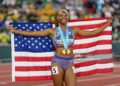 Mia Maxwell of Team United States celebrates winning the Women's 100m final during day two of the 2026 World Athletics U20 Championships (Photo by Emilee Chinn/WA/Getty Images)
