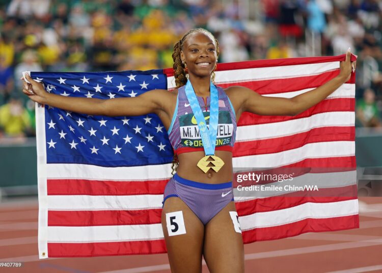Mia Maxwell of Team United States celebrates winning the Women's 100m final during day two of the 2026 World Athletics U20 Championships (Photo by Emilee Chinn/WA/Getty Images)