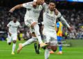 Kylian Mbappe of Real Madrid celebrates scoring his team's first goal with teammate Jude Bellingham during the LaLiga EA Sports match between Real Madrid CF and Valencia CF (Photo by Angel Martinez/Getty Images)