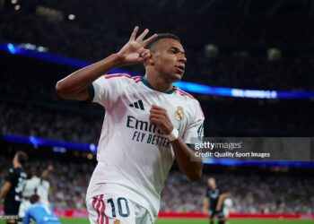 Kylian Mbappe of Real Madrid celebrates after scoring his side's fourth goal to complete his hat-trick during the LaLiga EA Sports 2026/27 match between Real Madrid and Real Sociedad (Photo by Alvaro Medranda/Quality Sport Images/Getty Images)