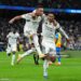 Kylian Mbappe of Real Madrid celebrates scoring his team's first goal with teammate Jude Bellingham during the LaLiga EA Sports match between Real Madrid CF and Valencia CF (Photo by Angel Martinez/Getty Images)