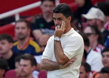 Arsenal's Spanish manager Mikel Arteta gestures on the touchline during the pre-season friendly football match between Arsenal and Borussia Dortmund at the Emirates Stadium in London on August 9, 2026. (Photo by CARLOS JASSO / AFP via Getty Images)
