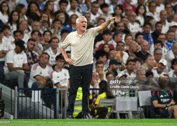 Jose Mourinho, Head Coach of Real Madrid reacts during the LaLiga EA Sports 2026/27 match between Real Madrid and Real Sociedad (Photo by Denis Doyle/Getty Images)