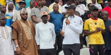 Asawase MP Mohammed Muntaka Mubarak addresses crowd at commissioning of Dogo Moro Mini Stadium