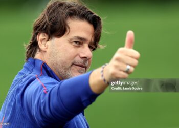 Head coach Mauricio Pochettino of the United States greets members of the media during a training session for the 2026 World Cup (Photo by Jamie Squire/Getty Images)