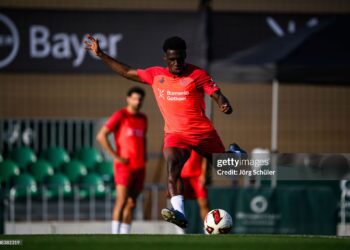 Ernest Poku of Leverkusen (Photo by Jörg Schüler/Bayer 04 Leverkusen via Getty Images)