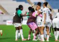 Josephine Bonsu (23) celebrates with teammates after beating Cote D'Ivoire in Playoff Game Photo Courtesy: GFA