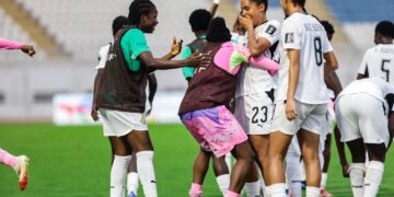 Josephine Bonsu (23) celebrates with teammates after beating Cote D'Ivoire in Playoff Game Photo Courtesy: GFA