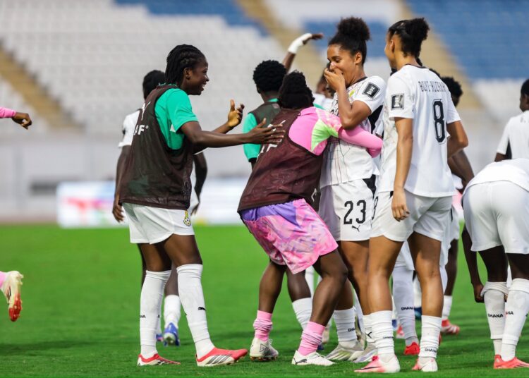 Josephine Bonsu (23) celebrates with teammates after beating Cote D'Ivoire in Playoff Game Photo Courtesy: GFA