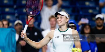 Elena Rybakina of Kazakhstan celebrates defeating Naomi Osaka of Japan in the quarter-final on Day 10 of the National Bank Open (Photo by Robert Prange/Getty Images)