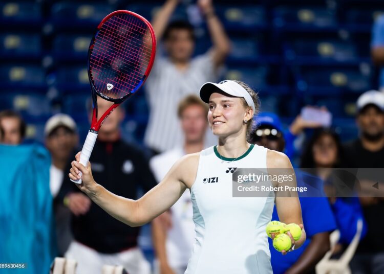 Elena Rybakina of Kazakhstan celebrates defeating Naomi Osaka of Japan in the quarter-final on Day 10 of the National Bank Open (Photo by Robert Prange/Getty Images)