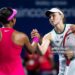 Elena Rybakina of Kazakhstan and Naomi Osaka of Japan shake hands at the net after the quarter-final (Photo by Robert Prange/Getty Images)