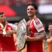 Declan Rice of Arsenal holds the FA Community Shield trophy after his team’s victory in the 2026 FA Community Shield match between Arsenal and Manchester City (Photo by Carl Recine/Getty Images)