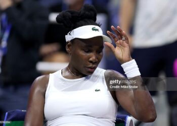 Venus Williams of the United States reacts to match point against Sofia Kenin of the United States during her Women's Singles First Round match on Day One of the 2026 US Open at USTA Billie Jean King National Tennis Center on August 30, 2026 (Photo by Mike Stobe/Getty Images)