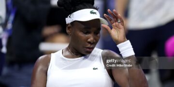 Venus Williams of the United States reacts to match point against Sofia Kenin of the United States during her Women's Singles First Round match on Day One of the 2026 US Open at USTA Billie Jean King National Tennis Center on August 30, 2026 (Photo by Mike Stobe/Getty Images)