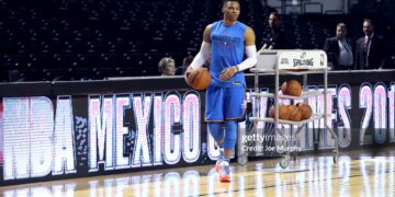 Russell Westbrook #0 of the Oklahoma City Thunder warms up before the game against the Brooklyn Nets as part of the NBA Mexico Games 2017 on December 7, 2017 at the Arena Ciudad de México NBAE (Photo by Joe Murphy/NBAE via Getty Images)