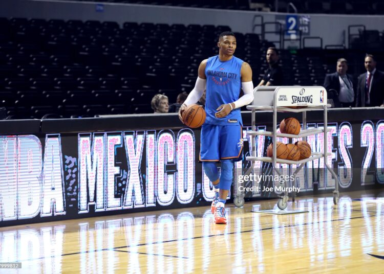Russell Westbrook #0 of the Oklahoma City Thunder warms up before the game against the Brooklyn Nets as part of the NBA Mexico Games 2017 on December 7, 2017 at the Arena Ciudad de México NBAE (Photo by Joe Murphy/NBAE via Getty Images)