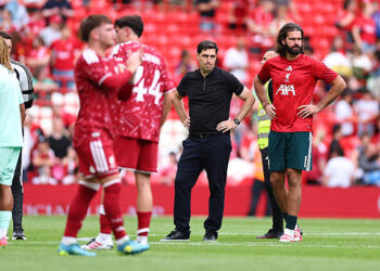 A dejected Andoni Iraola manager / head coach of Liverpool at full time during the during the pre-season friendly match between Liverpool FC and AS Monaco at Anfield on August 9, 2026 in Liverpool, England. (Photo by Robbie Jay Barratt - AMA/Getty Images)