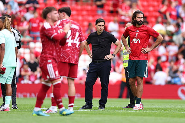 A dejected Andoni Iraola manager / head coach of Liverpool at full time during the during the pre-season friendly match between Liverpool FC and AS Monaco at Anfield on August 9, 2026 in Liverpool, England. (Photo by Robbie Jay Barratt - AMA/Getty Images)