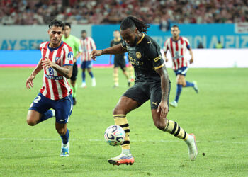 Antoine Semenyo of Manchester City controls the ball during the preseason friendly match between Manchester City and Atletico Madrid at Seoul World Cup Stadium on August 09, 2026 in Seoul, South Korea. (Photo by Chung Sung-Jun/Getty Images)