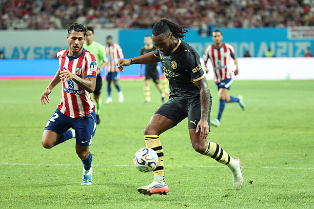 Antoine Semenyo of Manchester City controls the ball during the preseason friendly match between Manchester City and Atletico Madrid at Seoul World Cup Stadium on August 09, 2026 in Seoul, South Korea. (Photo by Chung Sung-Jun/Getty Images)